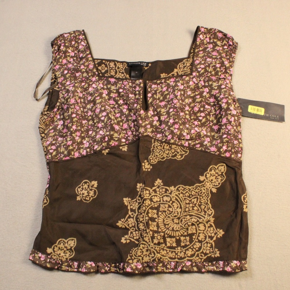Kenneth Cole Reaction Sleeveless Boho Top Womens 10 Brown Floral Paisley New